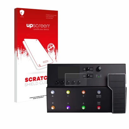 Vorderseite einer Produktverpackung mit dem Markenlogo upscreen. Daneben ist das Gerät Line 6 POD Go mit dem zugehörigen Displ