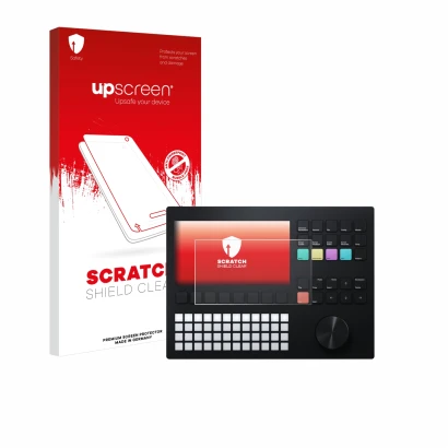 Vorderseite einer Produktverpackung mit dem Markenlogo upscreen. Daneben ist das Gerät Polyend Tracker mit dem zugehörigen Dis