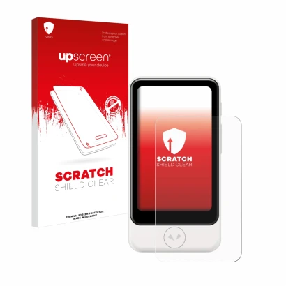 Vorderseite einer Produktverpackung mit dem Markenlogo upscreen. Daneben ist das Gerät Pocketalk Plus mit dem zugehörigen Disp
