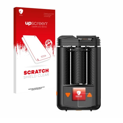 Vorderseite einer Produktverpackung mit dem Markenlogo upscreen. Daneben ist das Gerät Storz & Bickel Mighty + mit dem zugehör