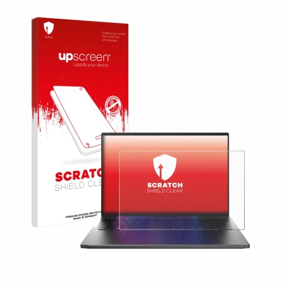 Vorderseite einer Produktverpackung mit dem Markenlogo upscreen. Daneben ist das Gerät Acer Swift Go 16 mit dem zugehörigen Di