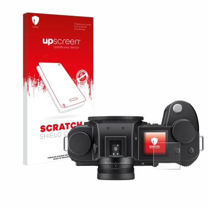 Vorderseite einer Produktverpackung mit dem Markenlogo upscreen. Daneben ist das Gerät Leica SL3 (Schulterdisplay) mit dem zug