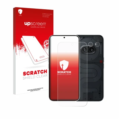 Vorderseite einer Produktverpackung mit dem Markenlogo upscreen. Daneben ist das Gerät Nothing Phone (2a) (Display+Kamera) mit