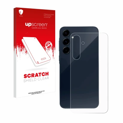 Vorderseite einer Produktverpackung mit dem Markenlogo upscreen. Daneben ist das Gerät Samsung Galaxy A35 5G (Rückseite) mit d