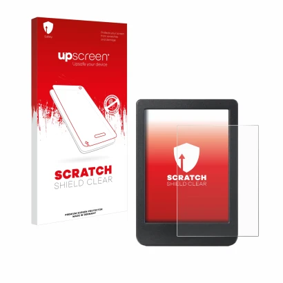 Vorderseite einer Produktverpackung mit dem Markenlogo upscreen. Daneben ist das Gerät Kobo Clara BW mit dem zugehörigen Displ