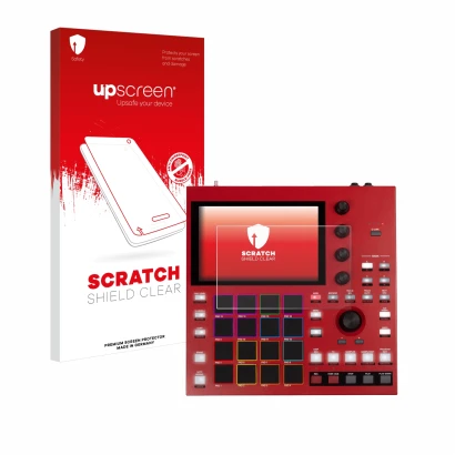 Vorderseite einer Produktverpackung mit dem Markenlogo upscreen. Daneben ist das Gerät Akai MPC One+ mit dem zugehörigen Displ