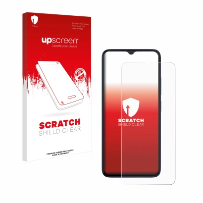 Vorderseite einer Produktverpackung mit dem Markenlogo upscreen. Daneben ist das Gerät Wiko T20 mit dem zugehörigen Displaysch