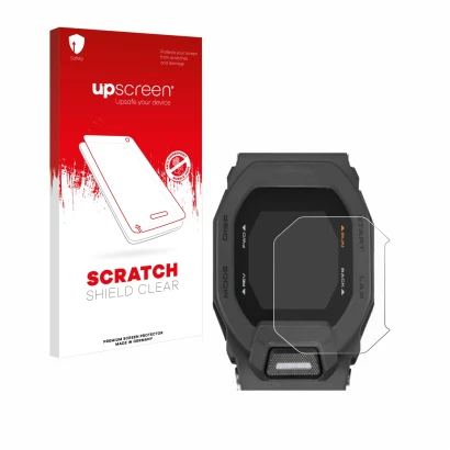 Vorderseite einer Produktverpackung mit dem Markenlogo upscreen. Daneben ist das Gerät Casio G-Shock GBD-200 mit dem zugehörig