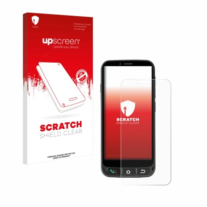 Vorderseite einer Produktverpackung mit dem Markenlogo upscreen. Daneben ist das Gerät SPC Zeus 4G Pro mit dem zugehörigen Dis