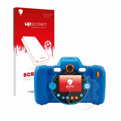 Vorderseite einer Produktverpackung mit dem Markenlogo upscreen. Daneben ist das Gerät Vtech Kidizoom Duo FX mit dem zugehörig