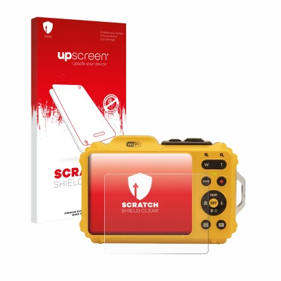Vorderseite einer Produktverpackung mit dem Markenlogo upscreen. Daneben ist das Gerät Kodak Pixpro WPZ2 mit dem zugehörigen D