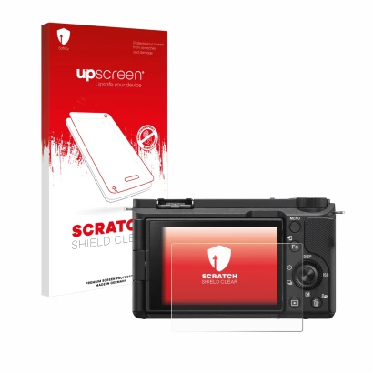 Vorderseite einer Produktverpackung mit dem Markenlogo upscreen. Daneben ist das Gerät Sony Alpha ZV-E10 II mit dem zugehörige