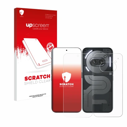 Vorderseite einer Produktverpackung mit dem Markenlogo upscreen. Daneben ist das Gerät Nothing Phone (2a) Plus (Display+Rückse