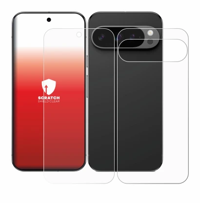 Abbildung des Geräts Google Pixel 9 Pro XL (Display+Rückseite) mit einer Vielzahl des Displayschutzes.