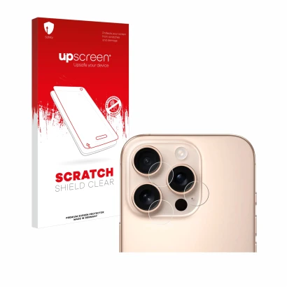 Vorderseite einer Produktverpackung mit dem Markenlogo upscreen. Daneben ist das Gerät Apple iPhone 16 Pro (NUR Kameraschutz) 