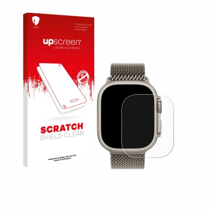 Vorderseite einer Produktverpackung mit dem Markenlogo upscreen. Daneben ist das Gerät Apple Watch Ultra 3 mit dem zugehörigen