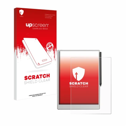 Vorderseite einer Produktverpackung mit dem Markenlogo upscreen. Daneben ist das Gerät reMarkable Paper Pro mit dem zugehörige