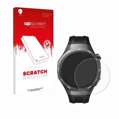 Vorderseite einer Produktverpackung mit dem Markenlogo upscreen. Daneben ist das Gerät Huawei Watch GT 5 Pro (46 mm) mit dem z
