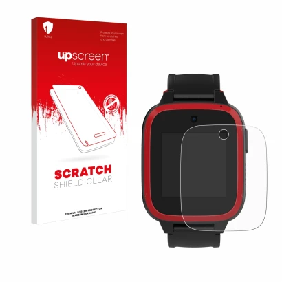 Vorderseite einer Produktverpackung mit dem Markenlogo upscreen. Daneben ist das Gerät Xplora Let's Go mit dem zugehörigen Dis