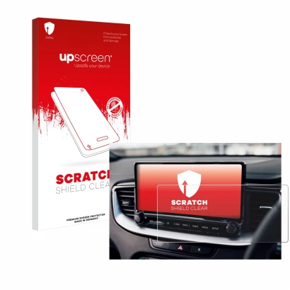 Vorderseite einer Produktverpackung mit dem Markenlogo upscreen. Daneben ist das Gerät Kia XCeed 2024 mit dem zugehörigen Disp