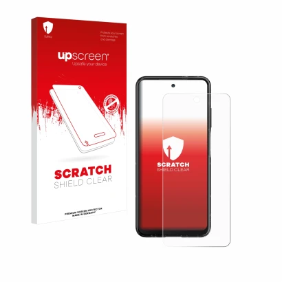 Vorderseite einer Produktverpackung mit dem Markenlogo upscreen. Daneben ist das Gerät HMD Fusion mit dem zugehörigen Displays