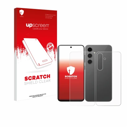 Vorderseite einer Produktverpackung mit dem Markenlogo upscreen. Daneben ist das Gerät Samsung Galaxy S24 FE (Display+Rückseit