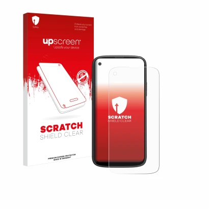 Vorderseite einer Produktverpackung mit dem Markenlogo upscreen. Daneben ist das Gerät Unihertz Jelly Max mit dem zugehörigen 