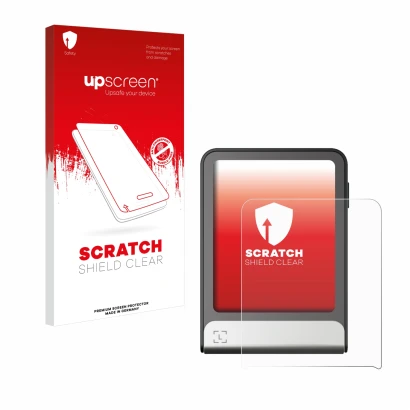 Vorderseite einer Produktverpackung mit dem Markenlogo upscreen. Daneben ist das Gerät Ledger Flex mit dem zugehörigen Display