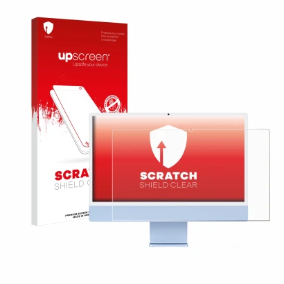 Vorderseite einer Produktverpackung mit dem Markenlogo upscreen. Daneben ist das Gerät Apple iMac 24" M4 2024 mit dem zugehöri