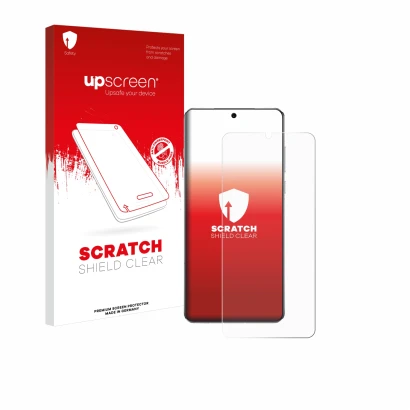 Vorderseite einer Produktverpackung mit dem Markenlogo upscreen. Daneben ist das Gerät OnePlus 13 mit dem zugehörigen Displays