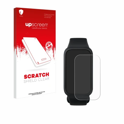 Vorderseite einer Produktverpackung mit dem Markenlogo upscreen. Daneben ist das Gerät Xiaomi Smart Band 9 Active mit dem zuge