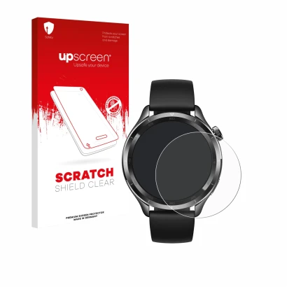 Vorderseite einer Produktverpackung mit dem Markenlogo upscreen. Daneben ist das Gerät Xiaomi Watch S4 (47 mm) mit dem zugehör