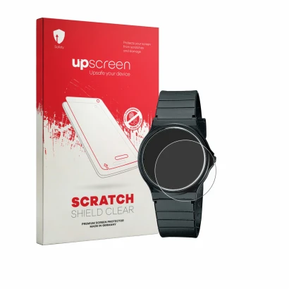 Vorderseite einer Produktverpackung mit dem Markenlogo upscreen. Daneben ist das Gerät Casio Collection MQ-24 mit dem zugehöri