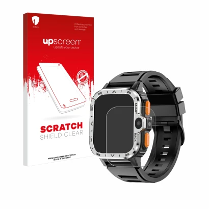 Vorderseite einer Produktverpackung mit dem Markenlogo upscreen. Daneben ist das Gerät HS Smartwatch 2" mit dem zugehörigen Di
