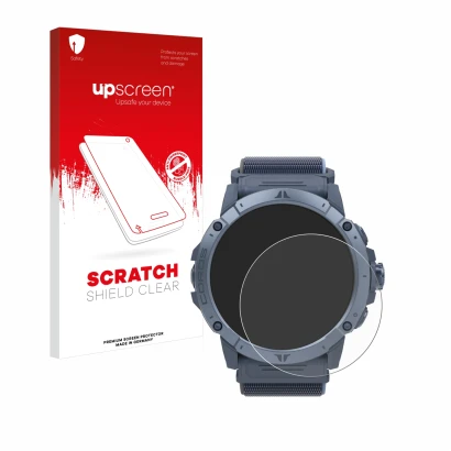 Vorderseite einer Produktverpackung mit dem Markenlogo upscreen. Daneben ist das Gerät Coros Vertix 2S mit dem zugehörigen Dis