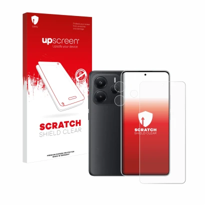 Vorderseite einer Produktverpackung mit dem Markenlogo upscreen. Daneben ist das Gerät Xiaomi Redmi Note 14 (Display+Kamera) m