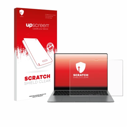 Vorderseite einer Produktverpackung mit dem Markenlogo upscreen. Daneben ist das Gerät Samsung Galaxy Book5 Pro 16" mit dem zu