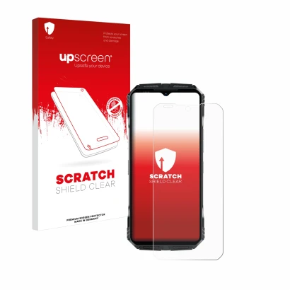 Vorderseite einer Produktverpackung mit dem Markenlogo upscreen. Daneben ist das Gerät Doogee S118 Pro mit dem zugehörigen Dis
