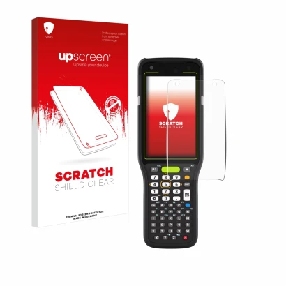 Vorderseite einer Produktverpackung mit dem Markenlogo upscreen. Daneben ist das Gerät Zebra MC3400 mit dem zugehörigen Displa
