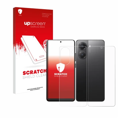 Vorderseite einer Produktverpackung mit dem Markenlogo upscreen. Daneben ist das Gerät Xiaomi Poco X7 Pro (Display+Rückseite)
