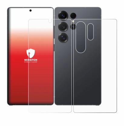 Abbildung des Geräts Samsung Galaxy S25 Ultra (Display+Rückseite) mit einer Vielzahl des Displayschutzes.