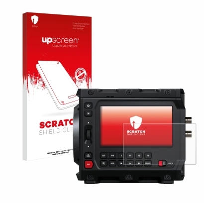 Vorderseite einer Produktverpackung mit dem Markenlogo upscreen. Daneben ist das Gerät Blackmagic Design Pyxis 6K 4" mit dem z