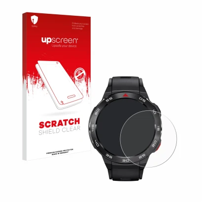 Vorderseite einer Produktverpackung mit dem Markenlogo upscreen. Daneben ist das Gerät Xiaomi Mibro GS Pro mit dem zugehörigen