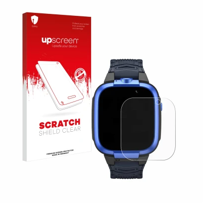 Vorderseite einer Produktverpackung mit dem Markenlogo upscreen. Daneben ist das Gerät Xiaomi Mibro Kids Z3 mit dem zugehörige