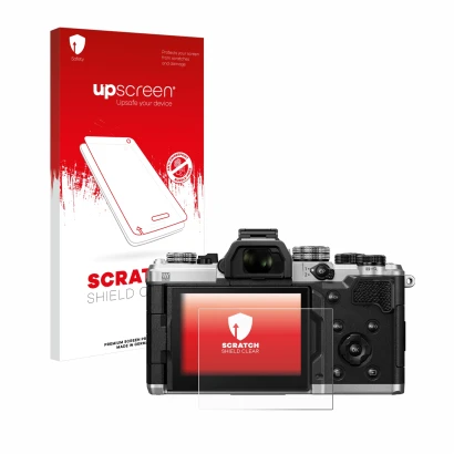 Vorderseite einer Produktverpackung mit dem Markenlogo upscreen. Daneben ist das Gerät OM System OM-3 mit dem zugehörigen Disp