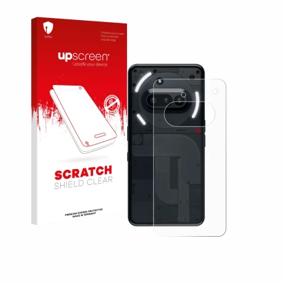 Vorderseite einer Produktverpackung mit dem Markenlogo upscreen. Daneben ist das Gerät Nothing Phone (3a) (Rückseite) mit dem 