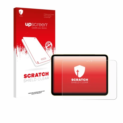 Vorderseite einer Produktverpackung mit dem Markenlogo upscreen. Daneben ist das Gerät Apple iPad Air 11