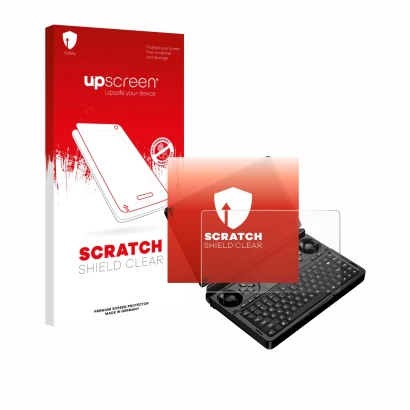 Vorderseite einer Produktverpackung mit dem Markenlogo upscreen. Daneben ist das Gerät GPD Win Mini (2025) mit dem zugehörigen