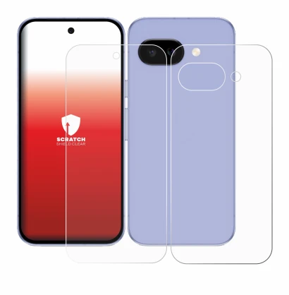 Abbildung des Geräts Google Pixel 9a (Display+Rückseite) mit einer Vielzahl des Displayschutzes.