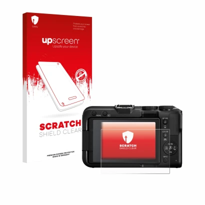 Vorderseite einer Produktverpackung mit dem Markenlogo upscreen. Daneben ist das Gerät Canon EOS R50 V mit dem zugehörigen Dis